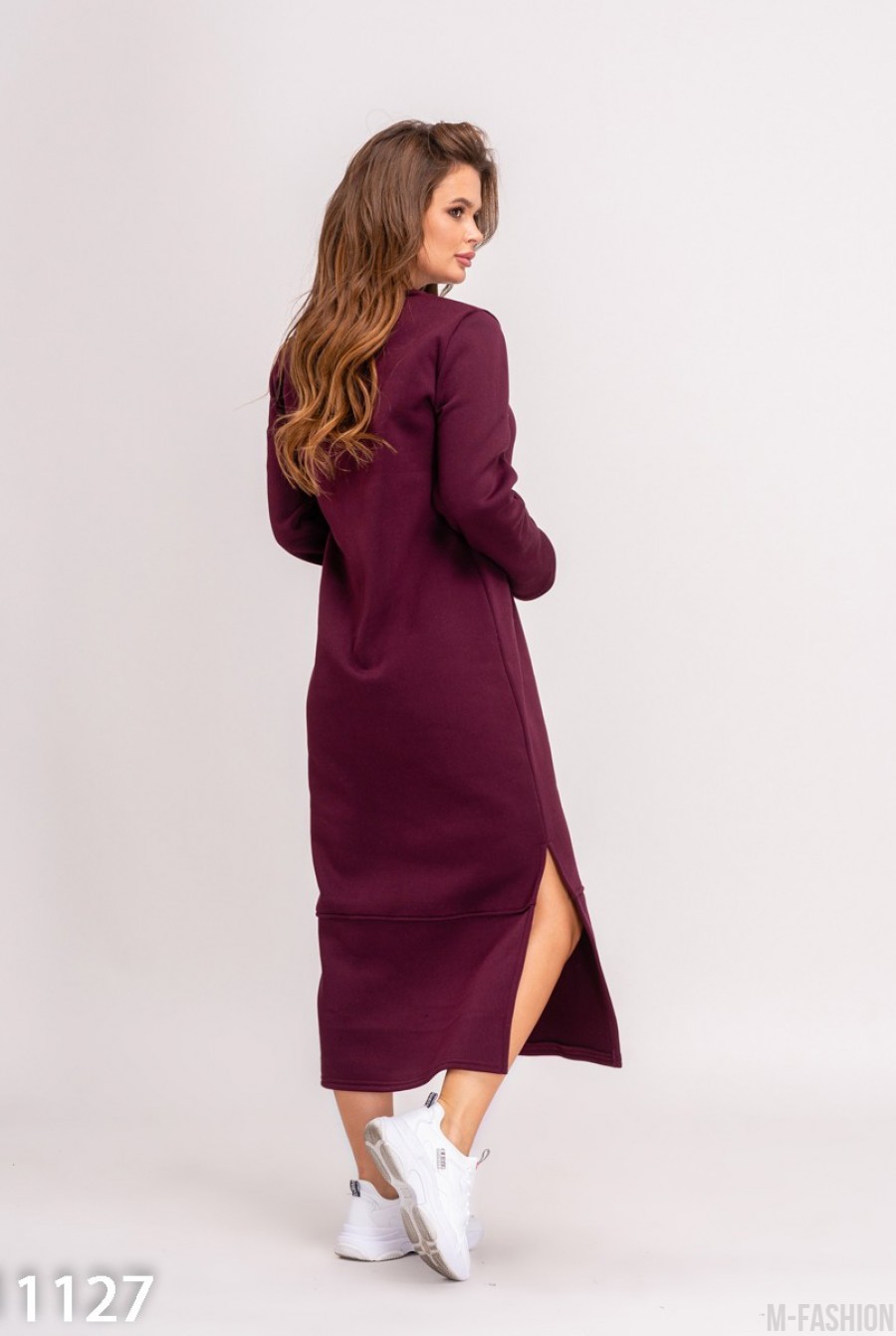 Бордовое удлиненное платье утепленное флисом- Фото 2