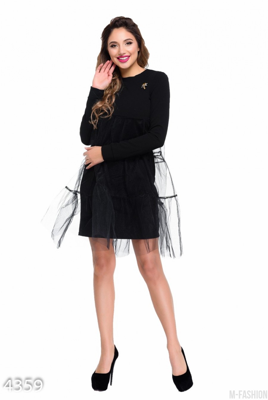 Черное вечернее платье с длинными рукавами и фатиновой накидкой сверху - Фото 1