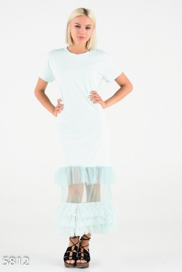Мятное платье-футболка с сетчатым подолом в пол