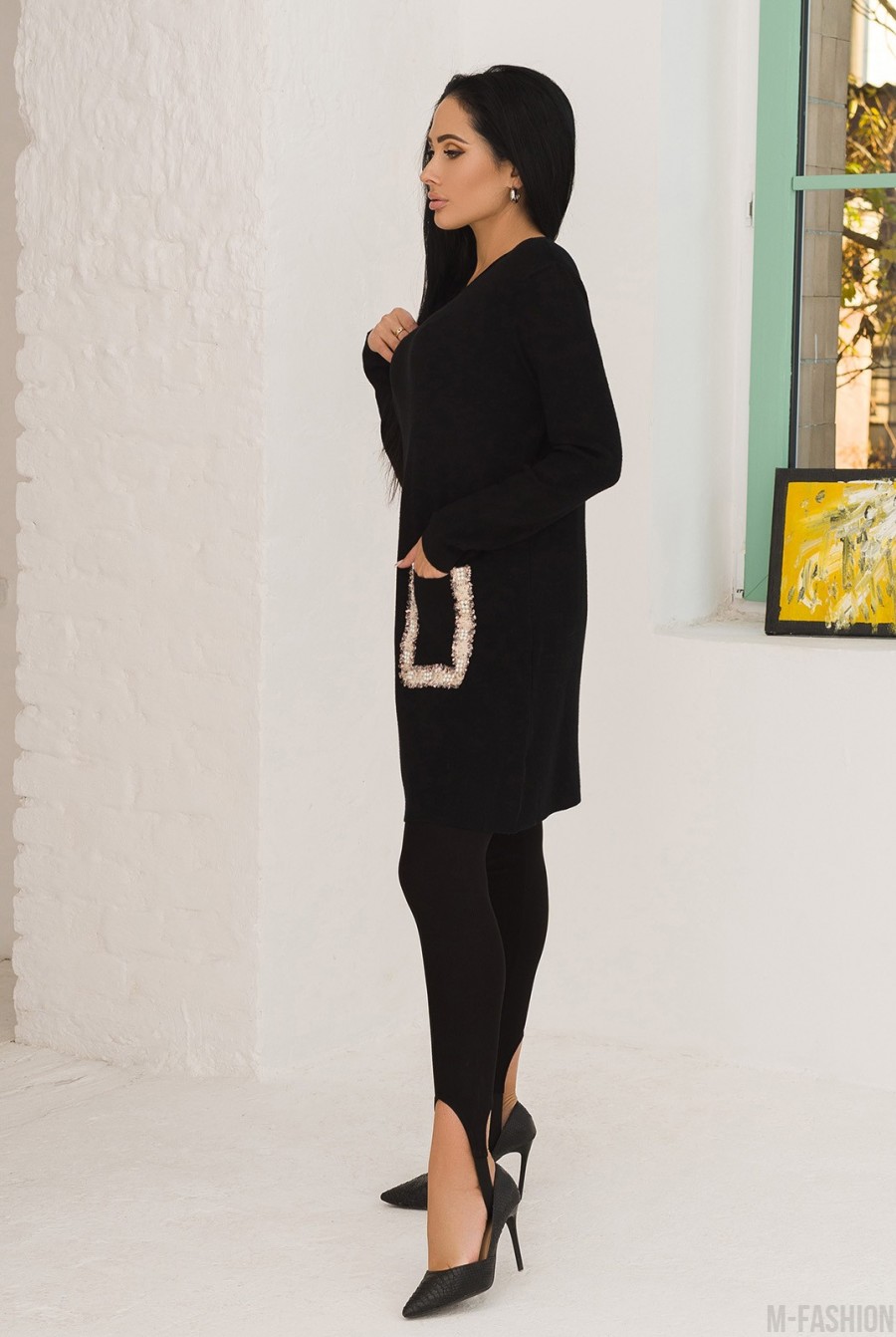 Черное шерстяное платье с накладными карманами- Фото 2