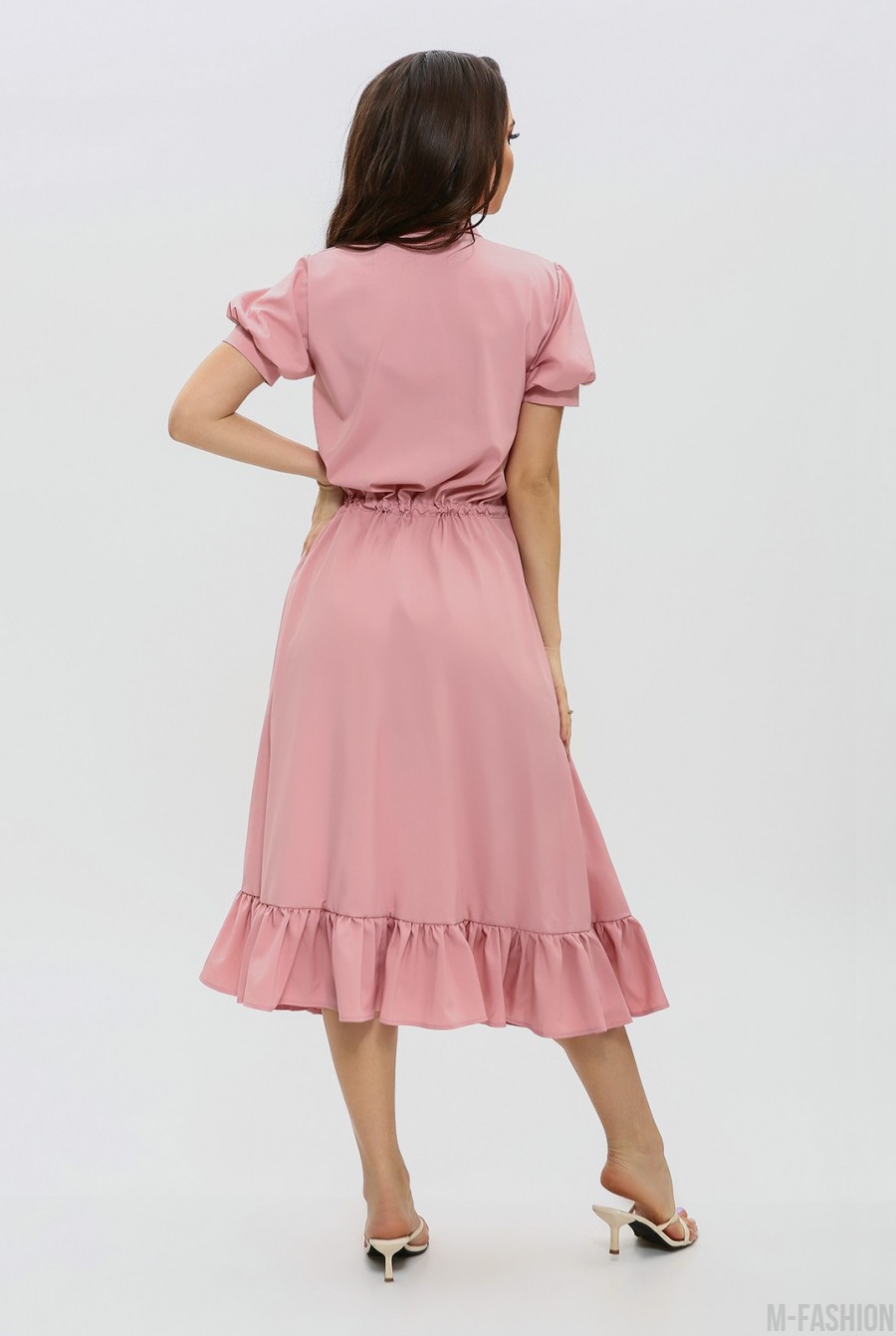 Розовое приталенное платье на пуговицах- Фото 8