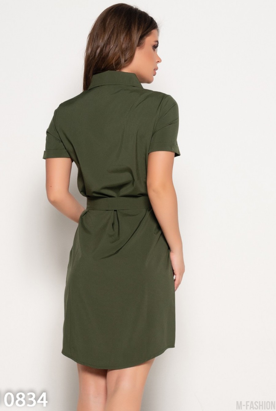 Платье-рубашка цвета хаки с поясом и карманом- Фото 3