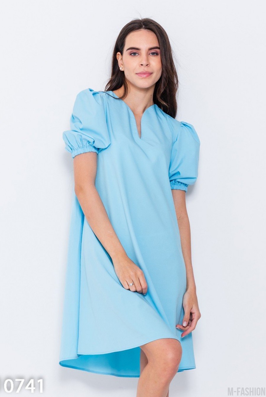 Голубое свободное платье с рукавами-фонариками - Фото 1