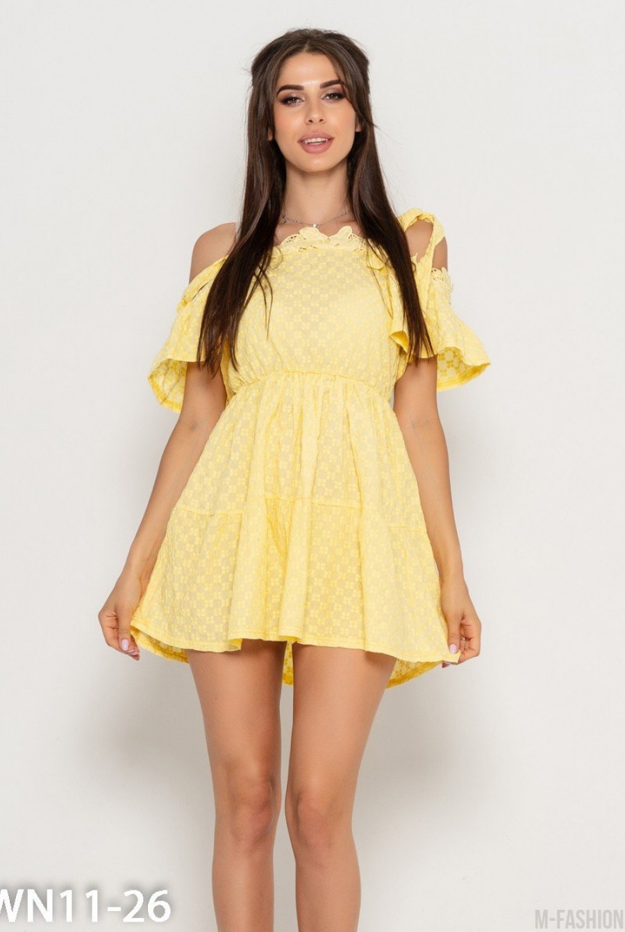 Желтое коттоновое платье с открытыми плечами - Фото 1