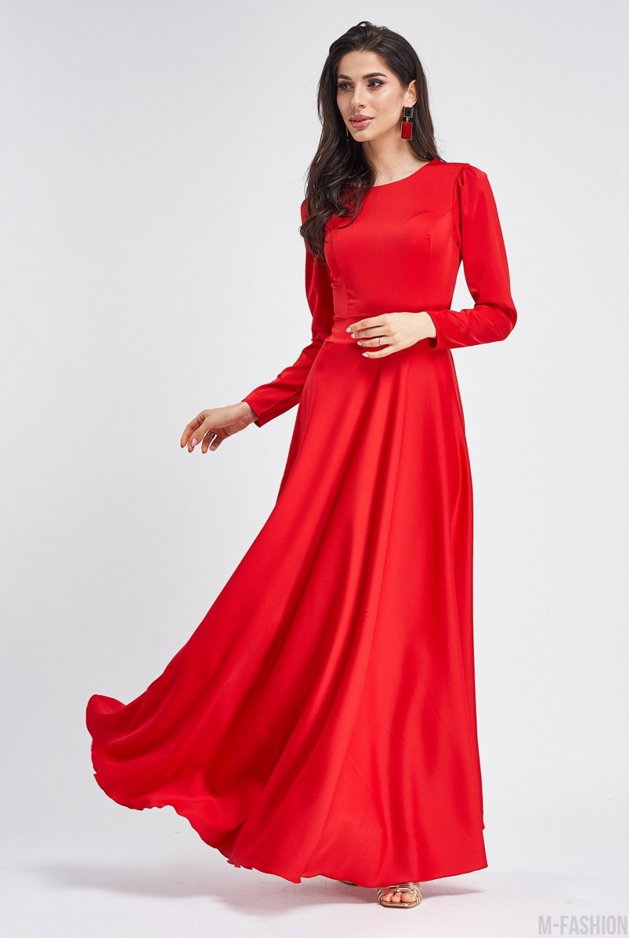 Красное сатиновое платье в пол - Фото 1
