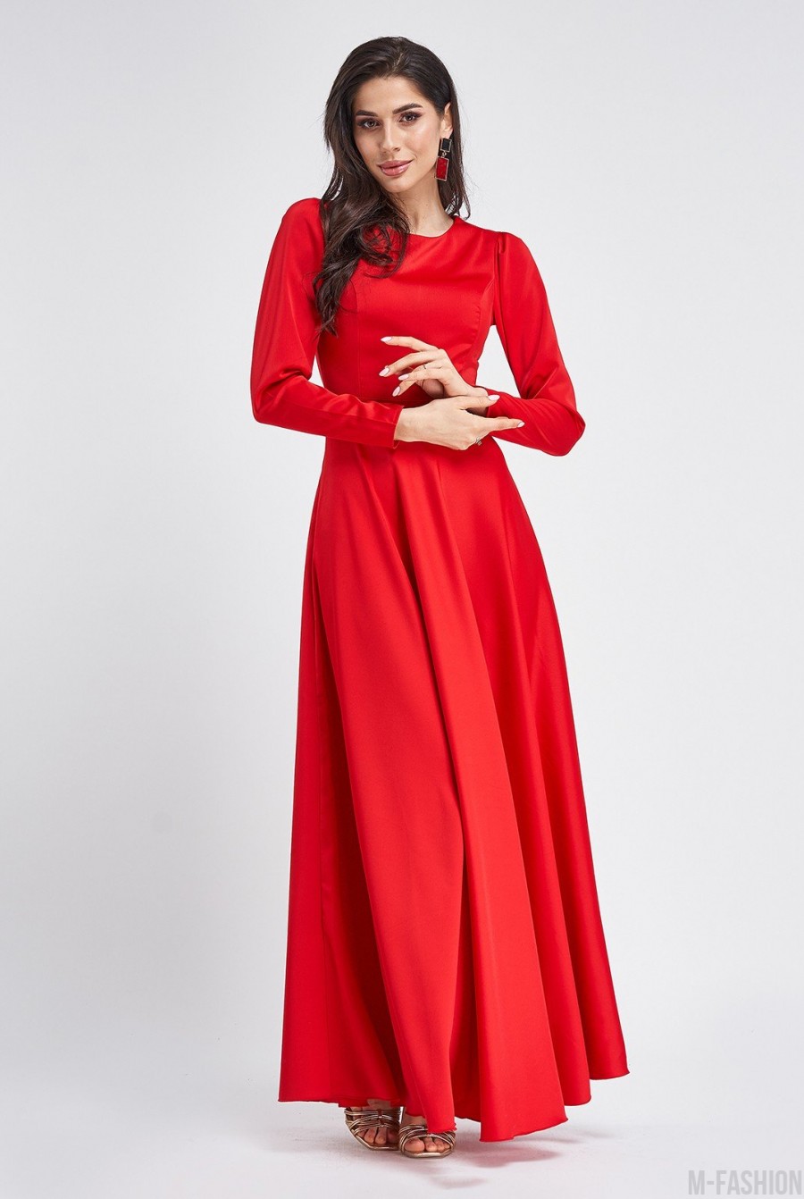 Красное сатиновое платье в пол- Фото 2