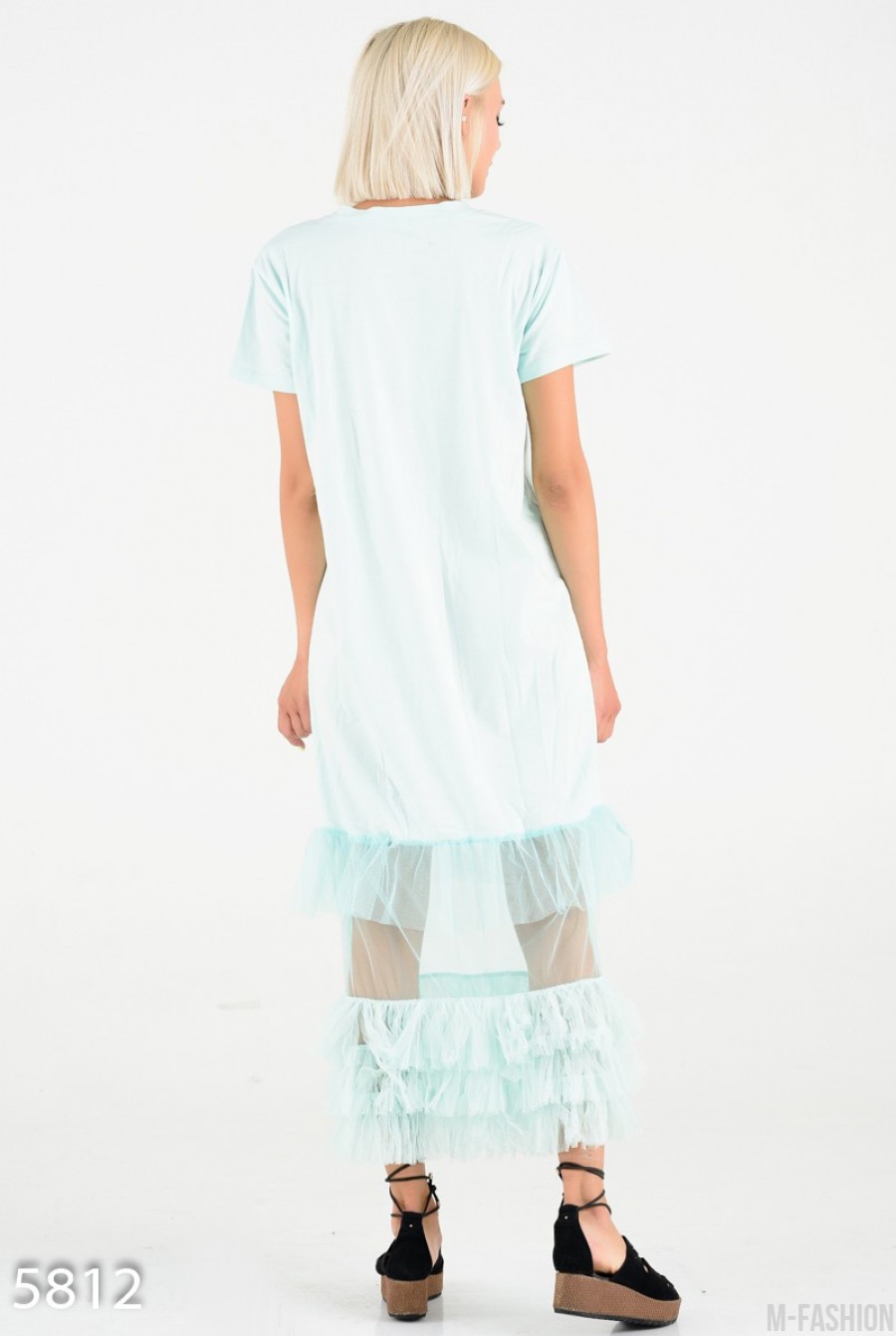 Мятное платье-футболка с сетчатым подолом в пол- Фото 3