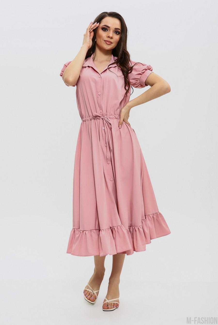 Розовое приталенное платье на пуговицах- Фото 3