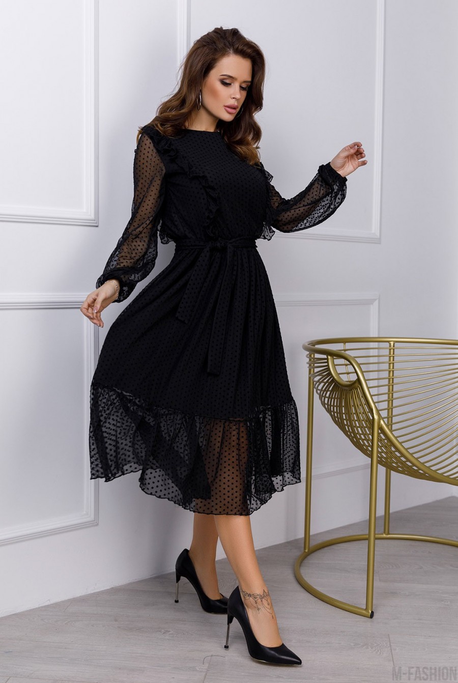 Черное комбинированное платье с рюшами- Фото 2