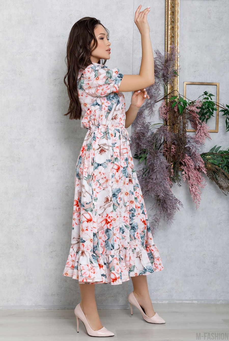 Цветочное платье-рубашка с кулиской и воланом- Фото 2