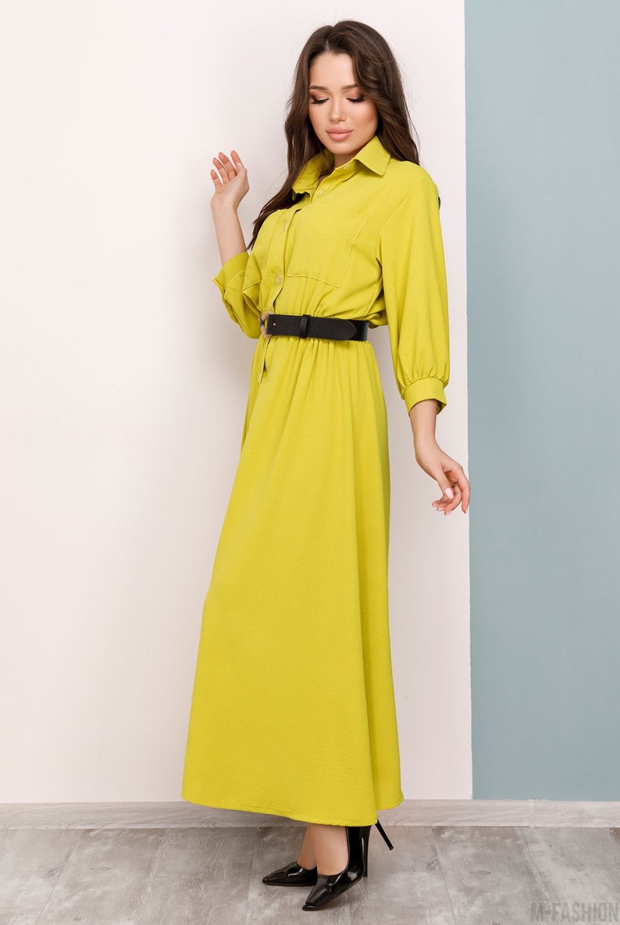 Оливковое длинное платье-рубашка на пуговицах- Фото 2