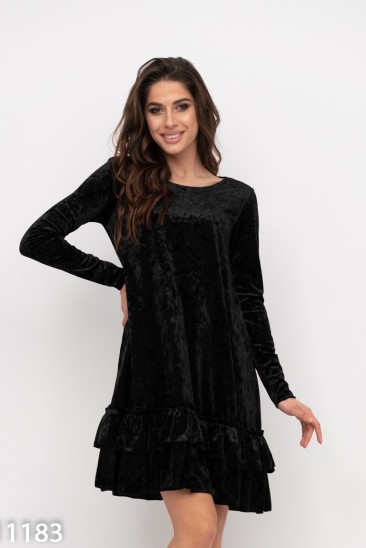 Черное велюровое платье-трапеция с воланами
