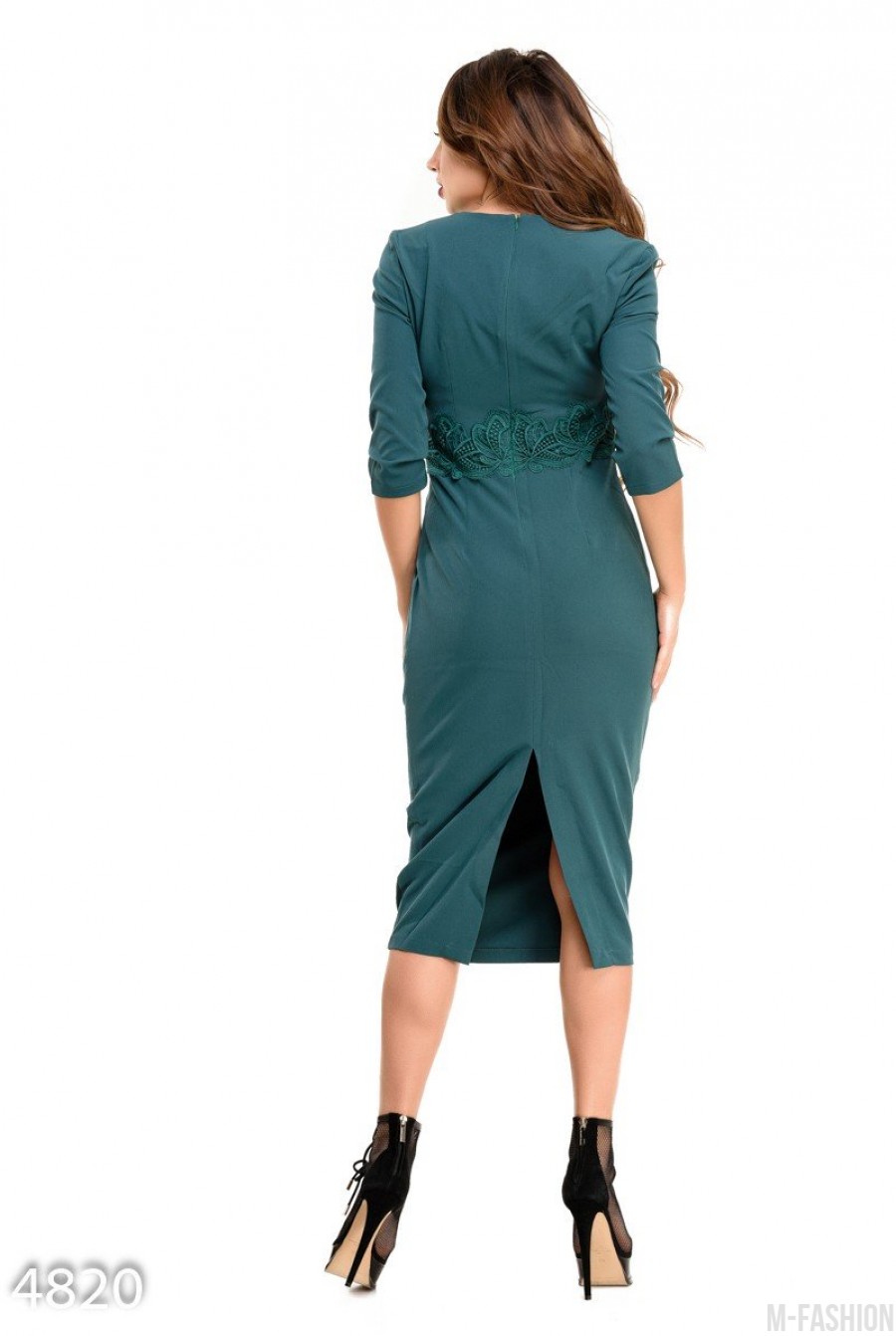Зеленое платье-миди с высокой талией и кружевом под грудью- Фото 4