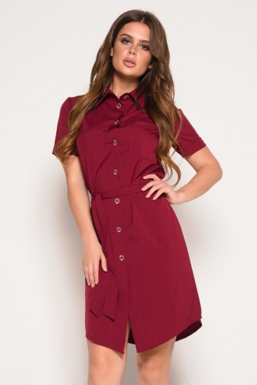 Бордовое платье-рубашка с поясом и карманом