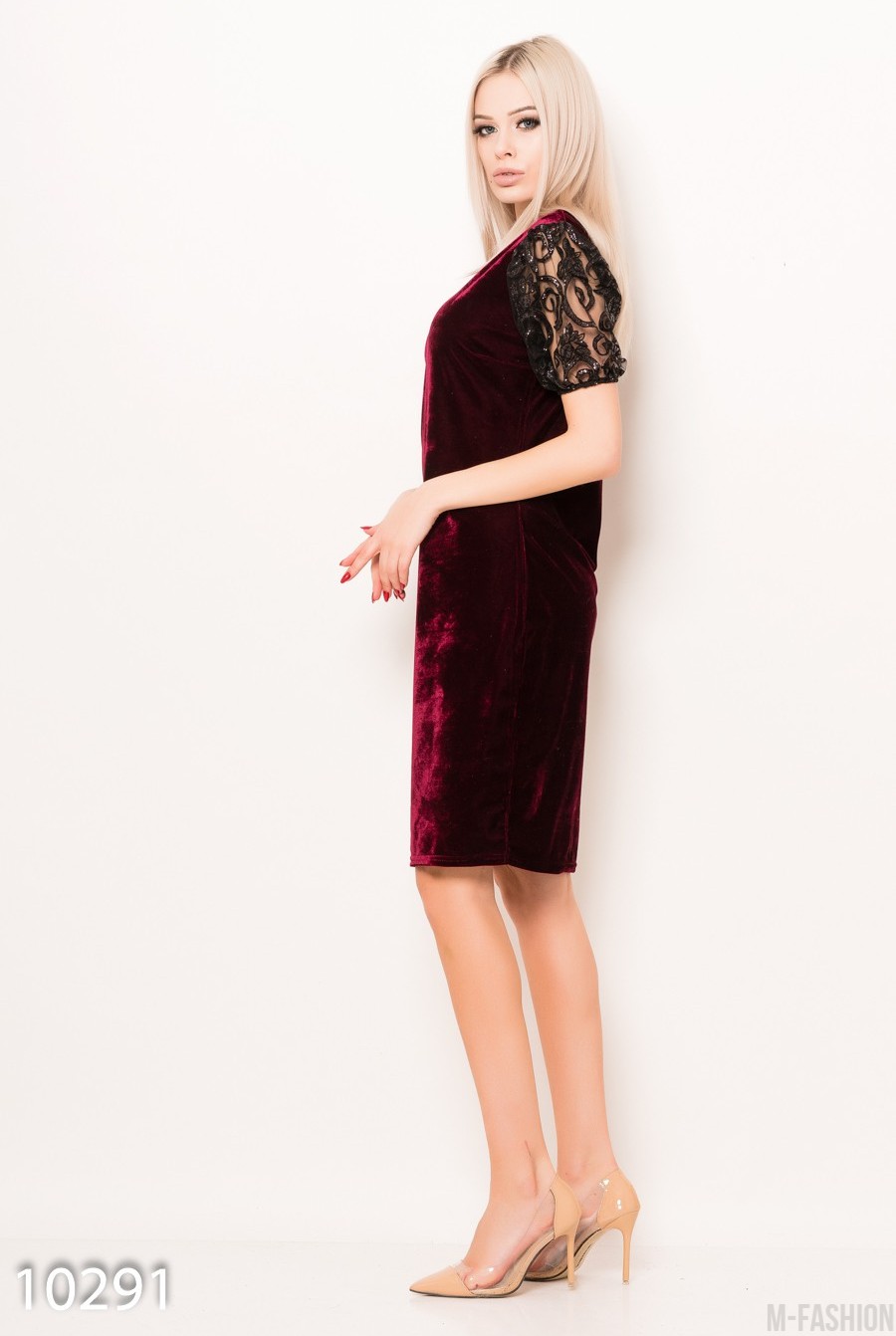 Бордовое велюровое платье с сетчатыми блестящими рукавами-фонариками- Фото 2