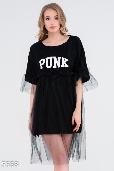 Черное платье-футболка с фатиновой юбкой и принтом PUNK