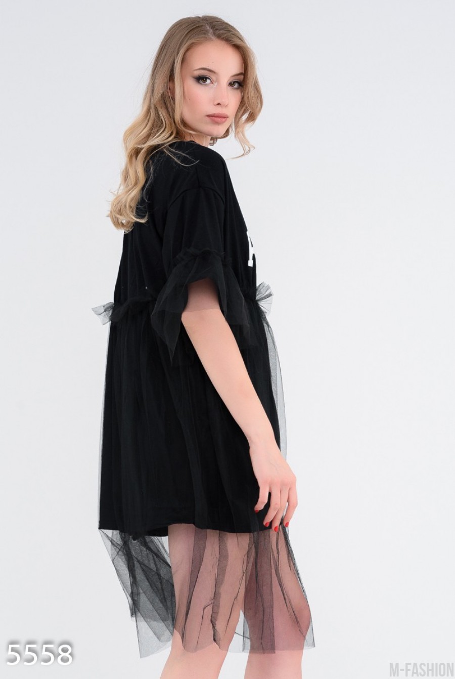 Черное платье-футболка с фатиновой юбкой и принтом PUNK- Фото 2