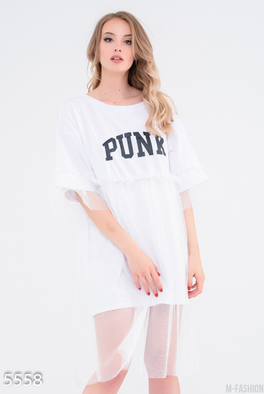 Белое платье-футболка с фатиновой юбкой и принтом PUNK - Фото 1