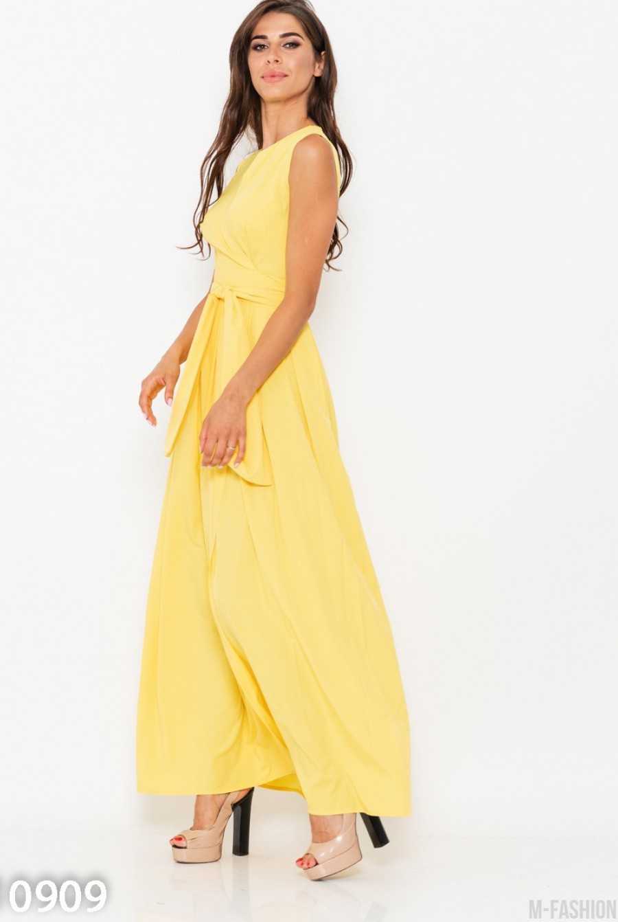 Желтое длинное платье-халат на запах- Фото 3