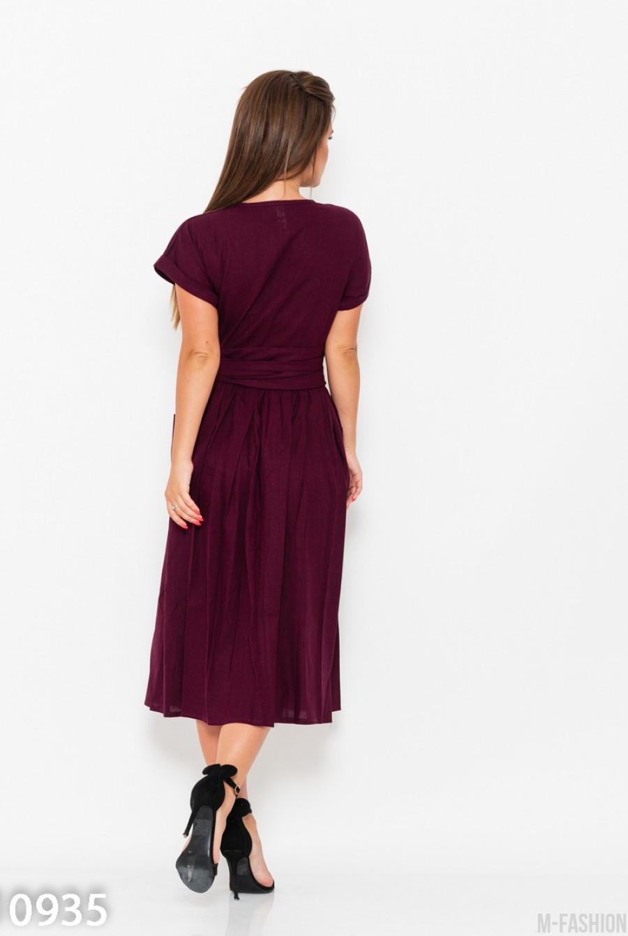 Бордовое коттоновое платье на запах с карманами- Фото 3