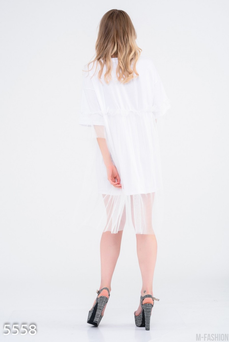Белое платье-футболка с фатиновой юбкой и принтом PUNK- Фото 5