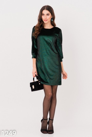Черно-зеленое велюровое блестящее платье с сетчатыми вставками
