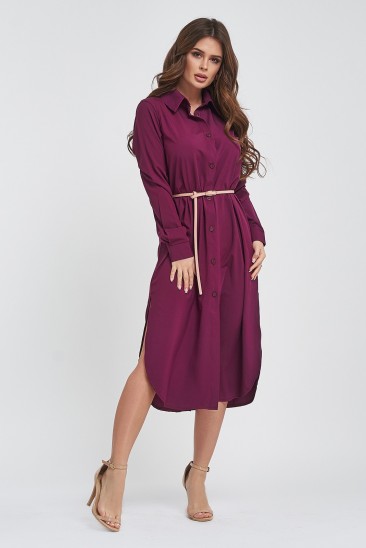 Бордовое платье-рубашка с боковыми разрезами