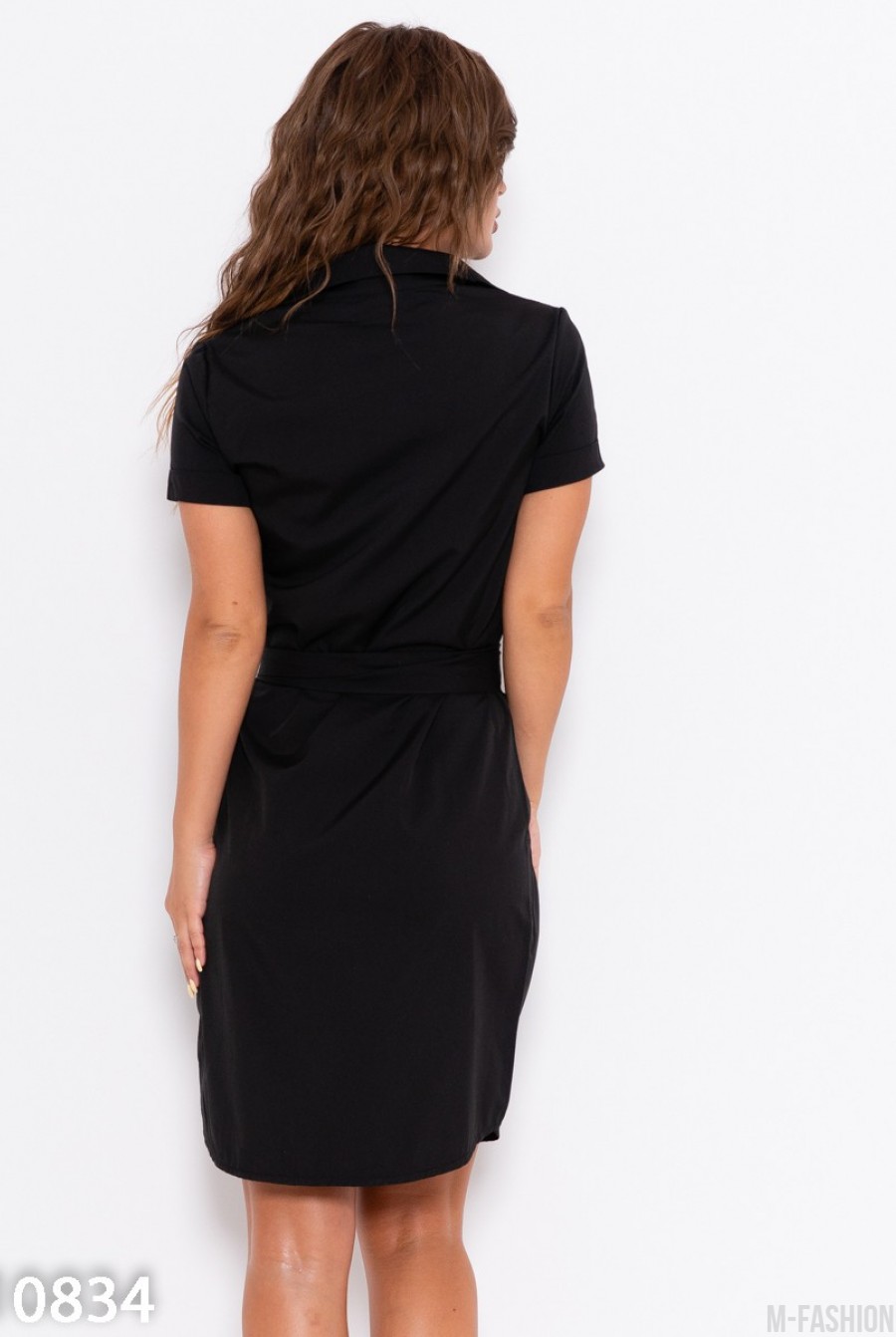Черное платье-рубашка с поясом и карманом- Фото 3