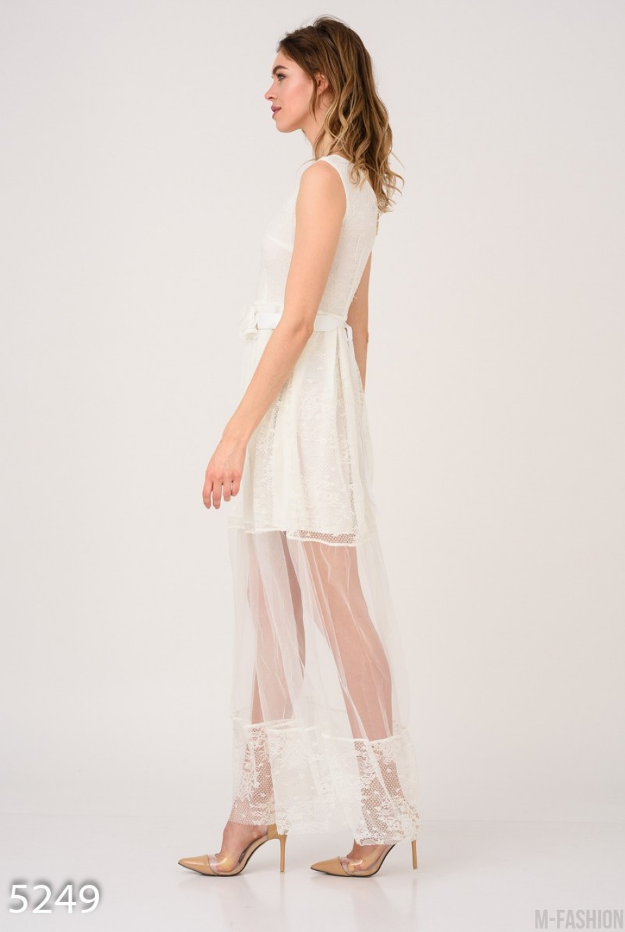 Молочное вечернее платье с длинным прозрачным подолом- Фото 3