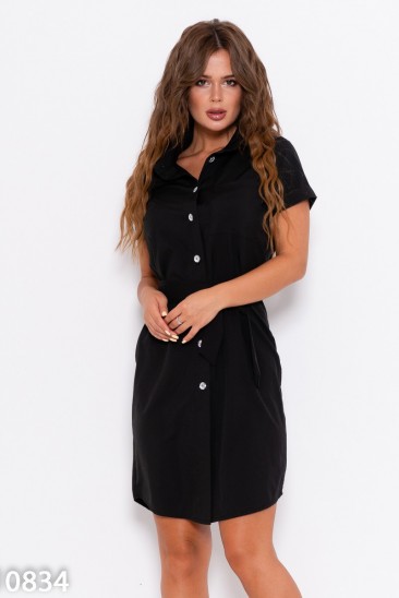 Черное платье-рубашка с поясом и карманом