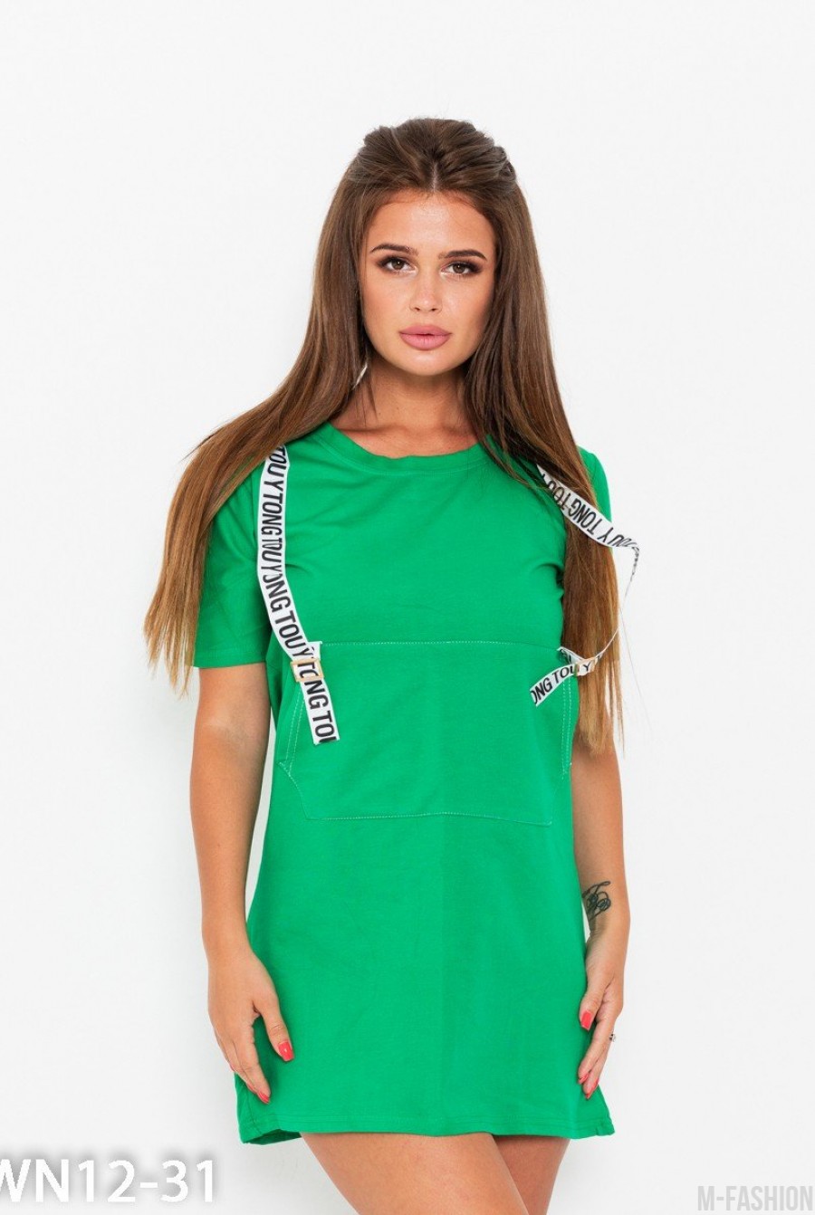 Зеленое платье с декоративными тесемками - Фото 1
