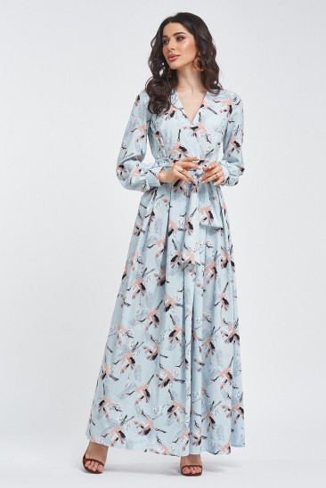 Длинное голубое платье на запах с птичьим принтом
