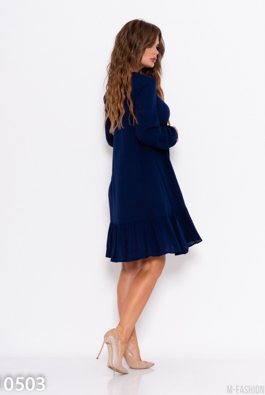 Темно-синее крепдешиновое платье с воланом- Фото 2