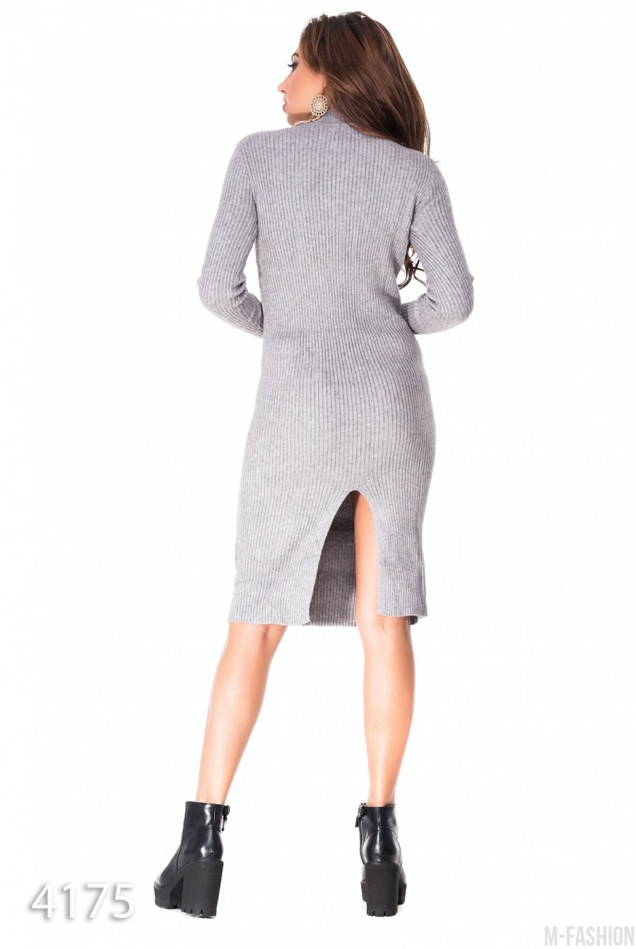 Серое полуоблегающее платье миди с двумя карманами- Фото 5