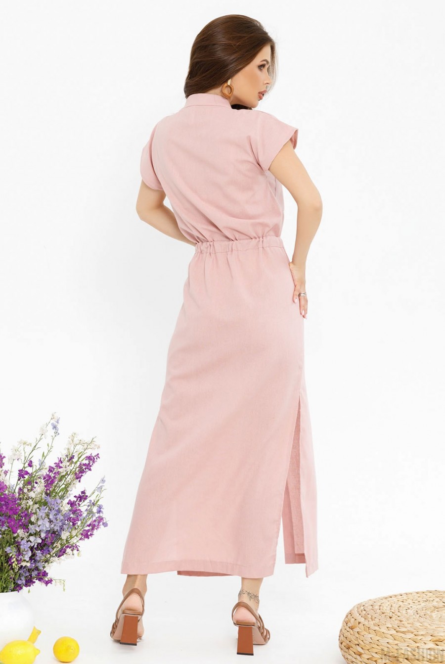 Розовое хлопковое длинное платье на кулиске- Фото 3