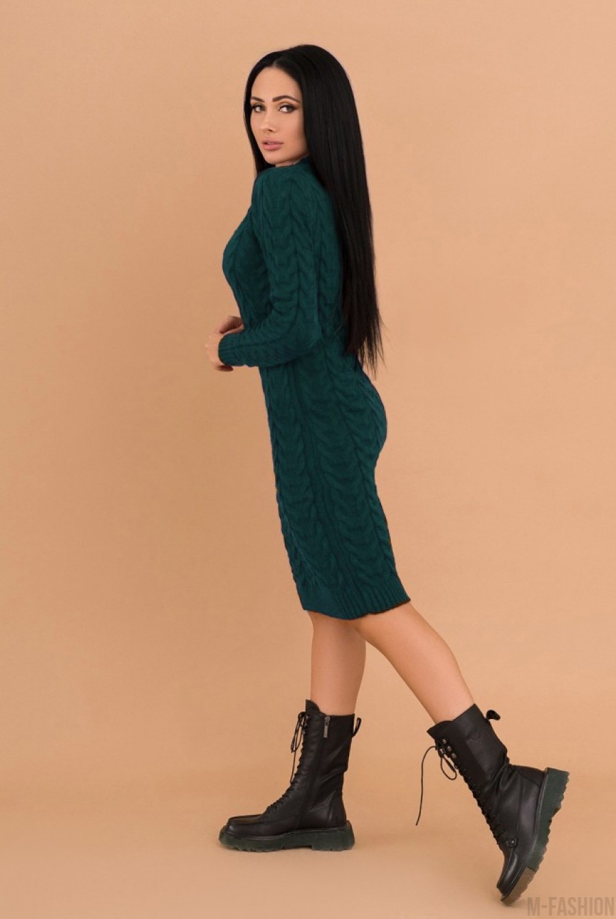 Зеленое вязаное шерстяное теплое платье- Фото 2