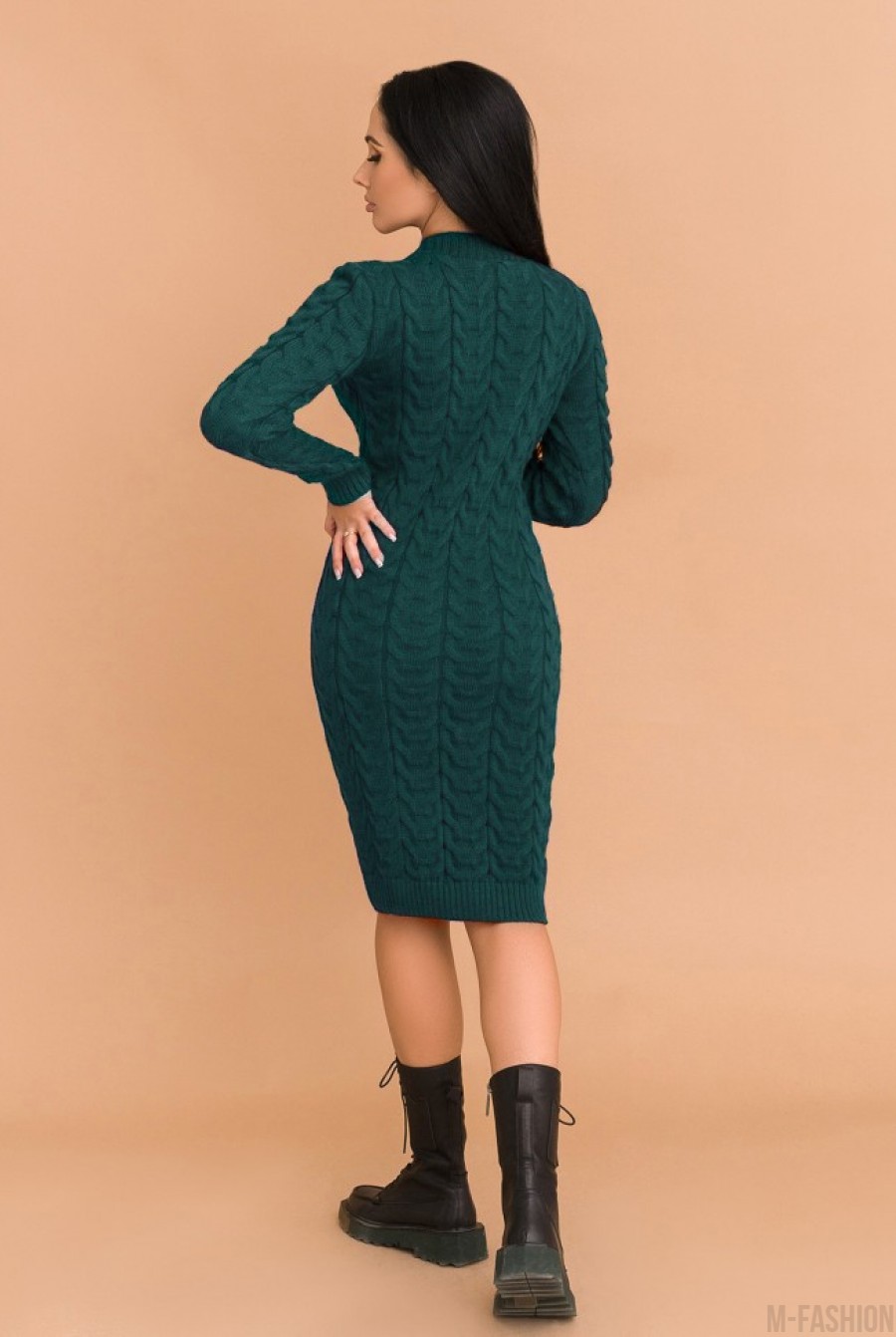Зеленое вязаное шерстяное теплое платье- Фото 3