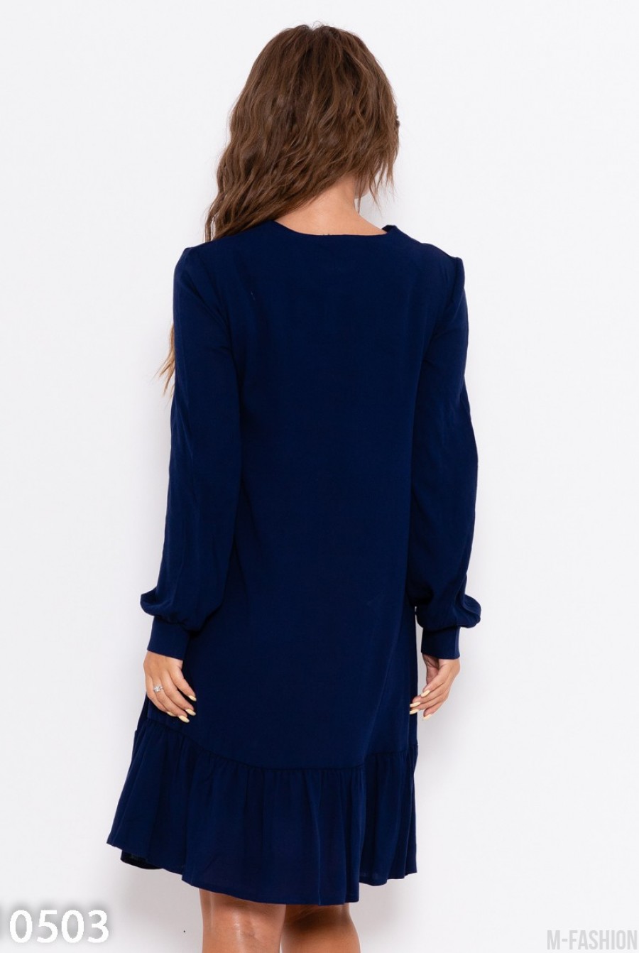 Темно-синее крепдешиновое платье с воланом- Фото 3