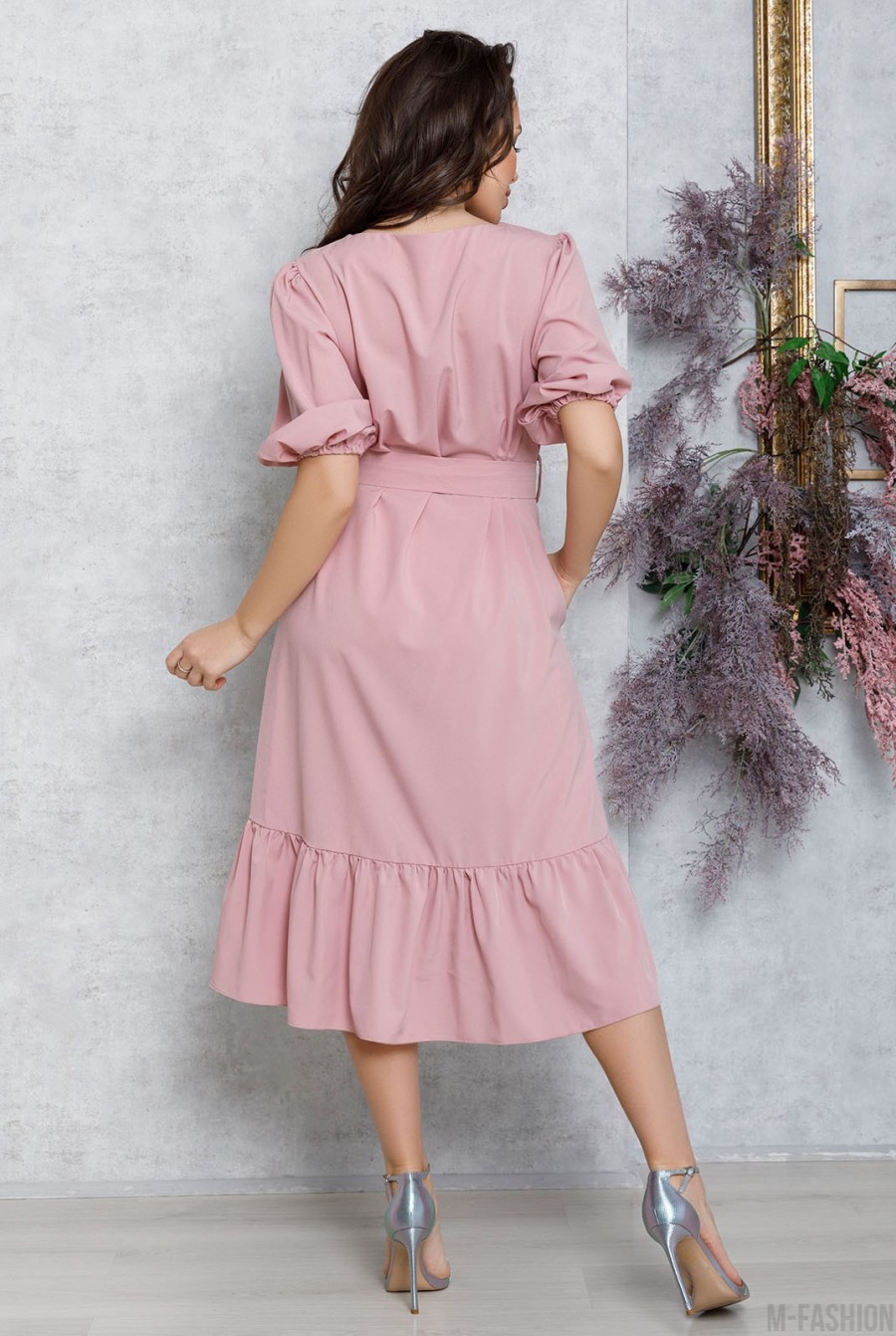 Розовое расклешенное платье с рукавами-фонариками- Фото 3