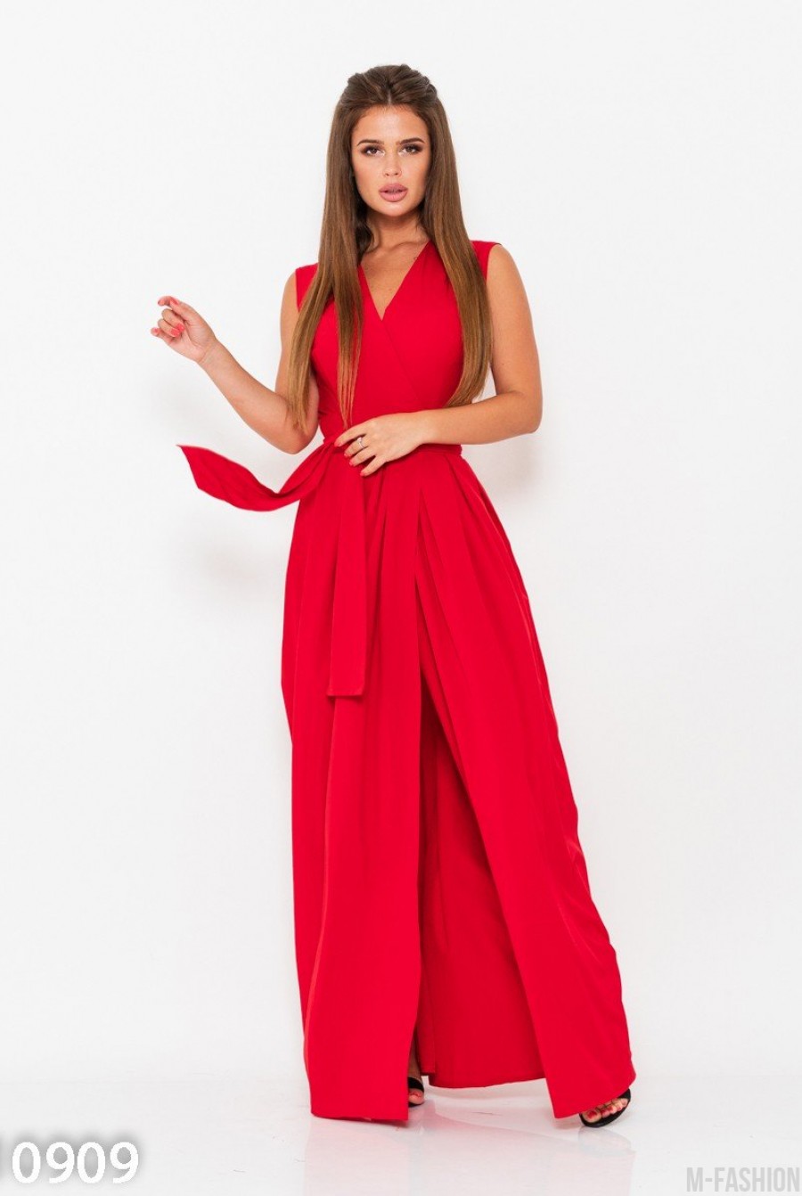 Красное длинное платье-халат на запах- Фото 2
