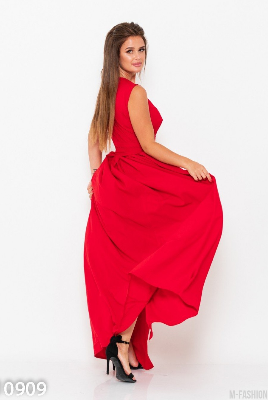 Красное длинное платье-халат на запах- Фото 3