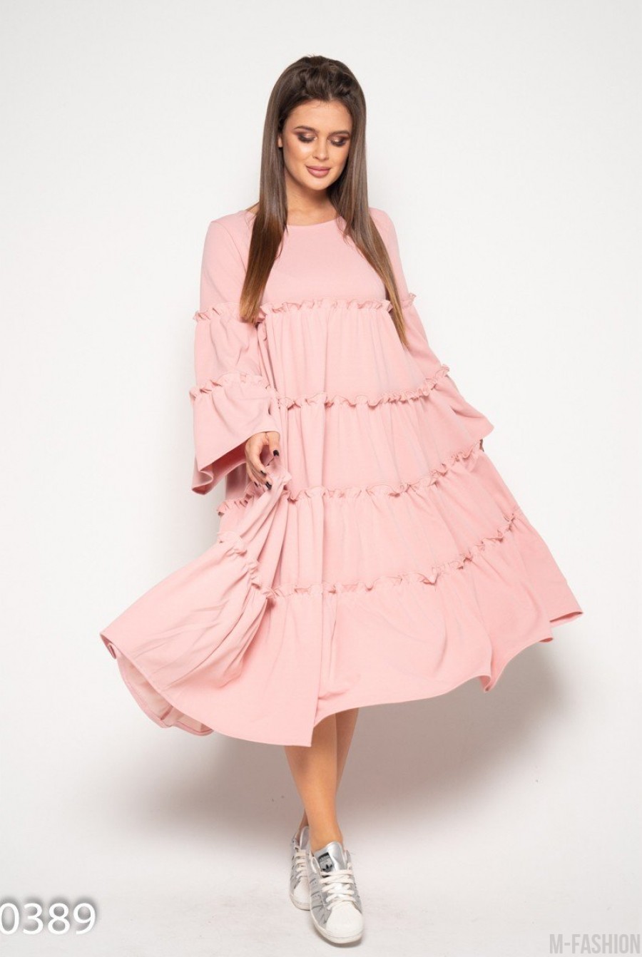 Розовое платье-трапеция с воланами и рюшами - Фото 1