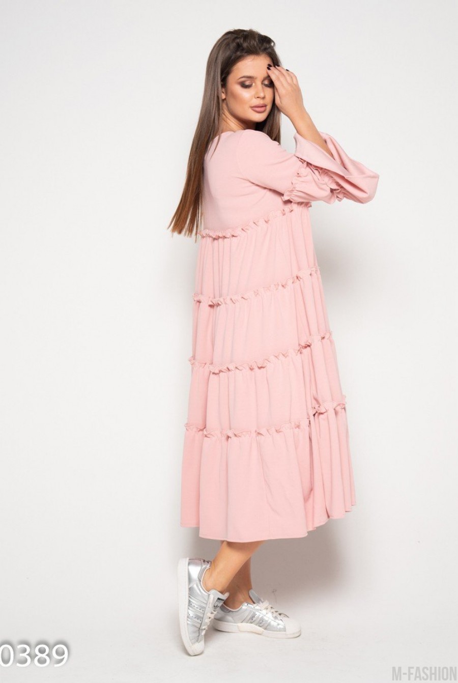 Розовое платье-трапеция с воланами и рюшами- Фото 2
