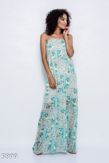 Бирюзовое шифоновое летнее платье-сарафан в пол с жаткой на груди