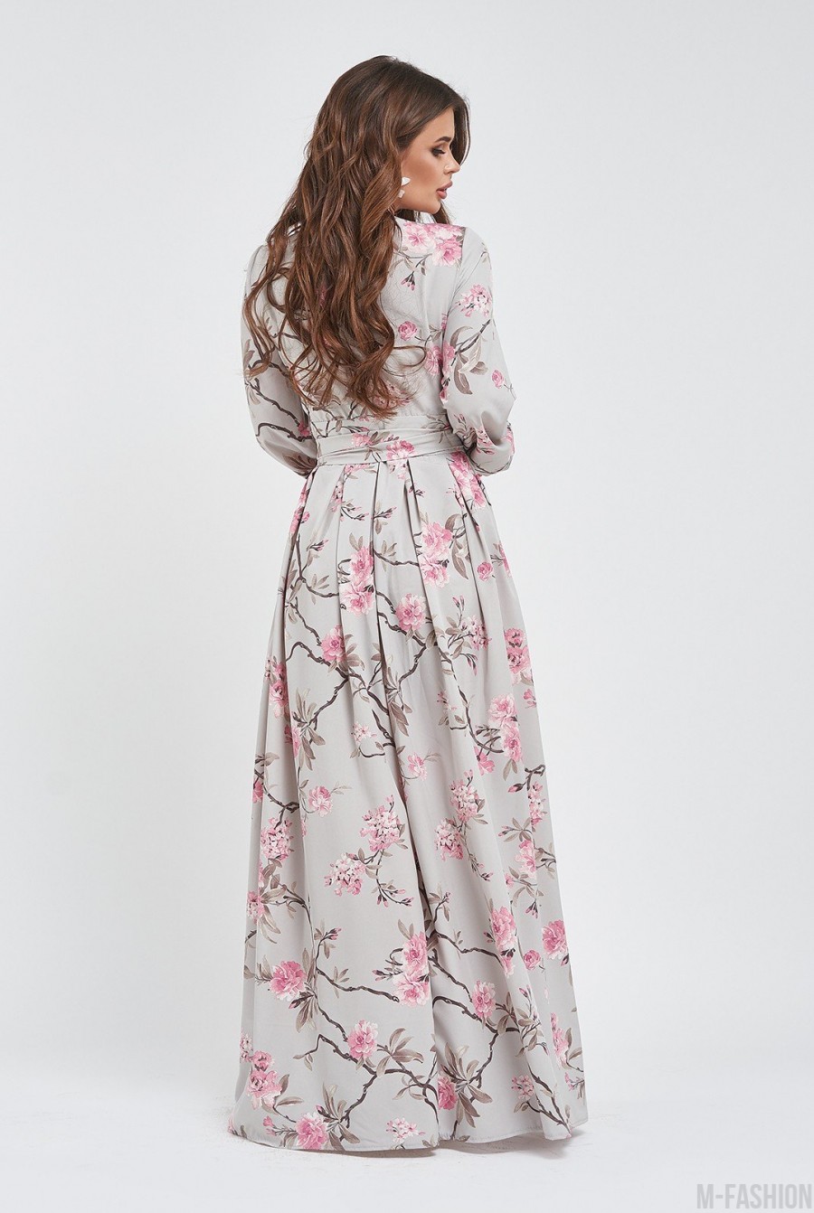 Серое платье в пол с цветочным принтом- Фото 3