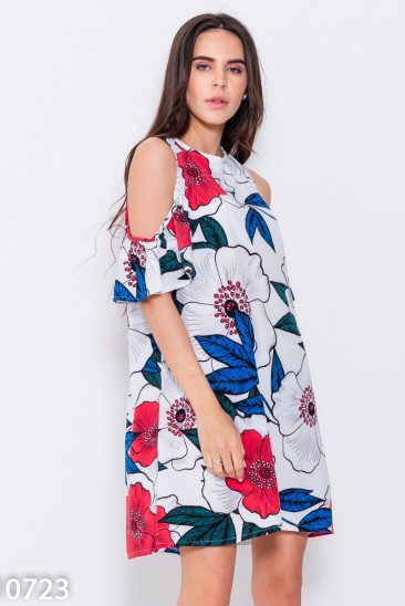 Цветочное мини платье с открытыми плечами