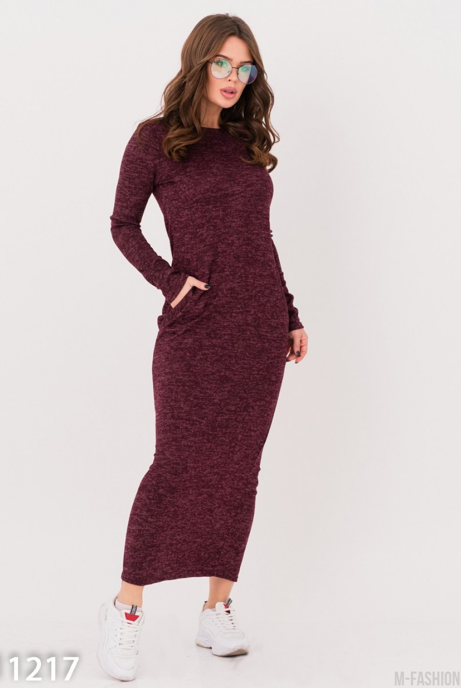 Бордовое ангоровое длинное платье с карманами- Фото 4