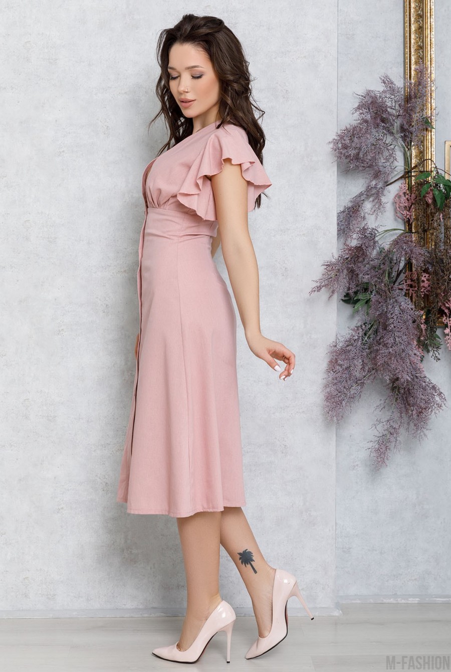 Розовое коттоновое платье на пуговицах- Фото 2