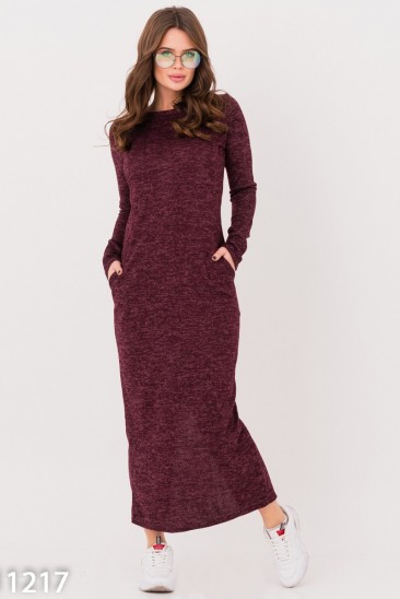 Бордовое ангоровое длинное платье с карманами
