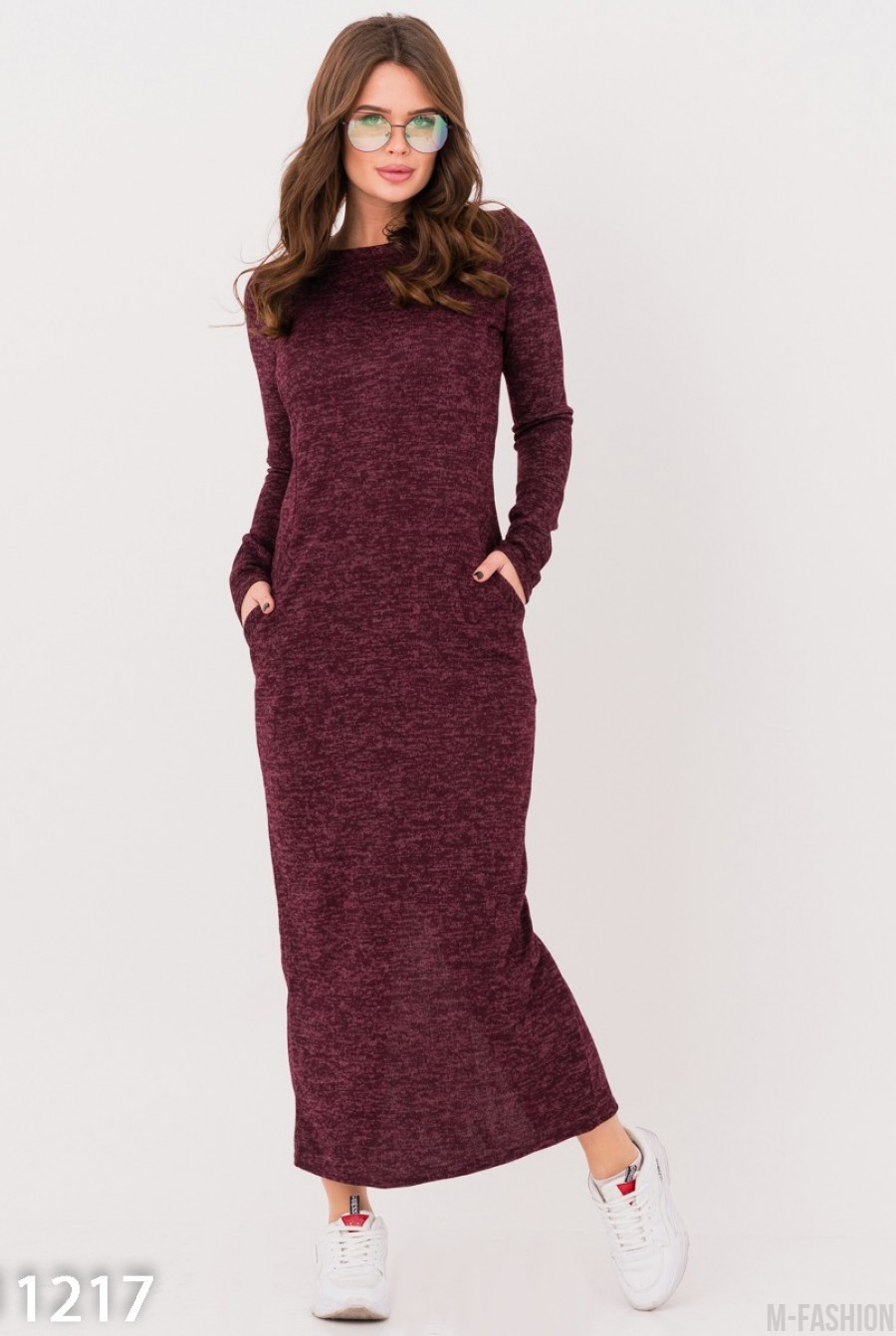 Бордовое ангоровое длинное платье с карманами - Фото 1